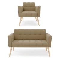 Kit 1 Sofá Namoradeira E 1 Poltrona Elisa Suede Marrom Rato Pés Palito Natural - D'rossi - 1