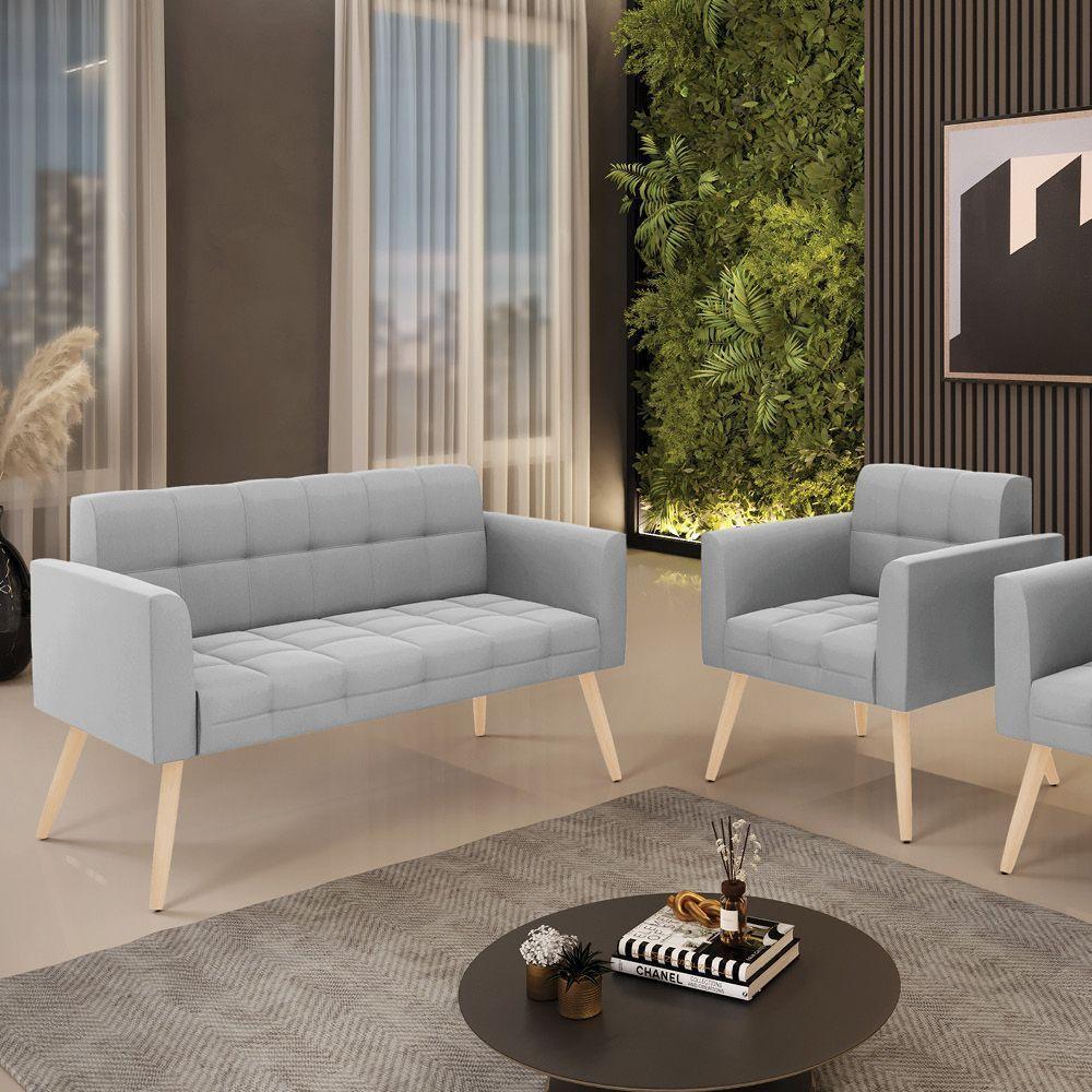 Kit 1 Sofá Namoradeira E 1 Poltrona Elisa Suede Cinza Pés Palito Natural - D'rossi - 3