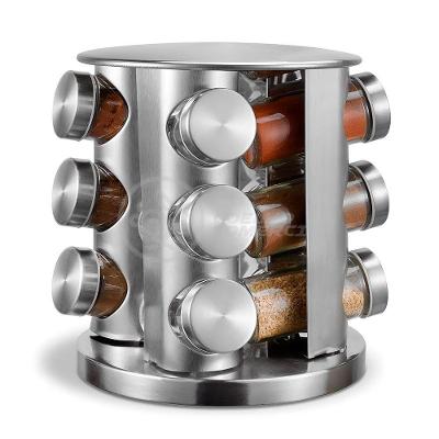 Porta Condimento Aço Inox 12 Peças Base Rotatória Organizador para Cozinha Prata com Potes de Vidro