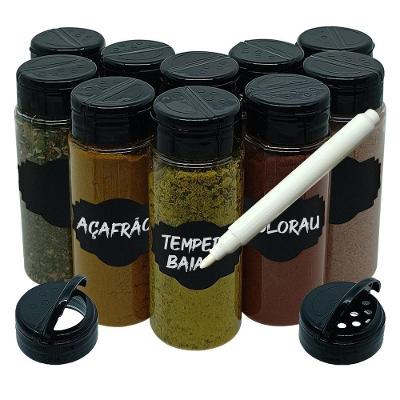 Pote para Tempero T140 com Tampa Dupla Plástico Kit 10 Potes + Etiquetas e Caneta Giz Prático