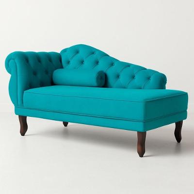 Divã Recamier Sala 150CM Veludo Capitonê Luxo Pés Luis XV Azul Divani