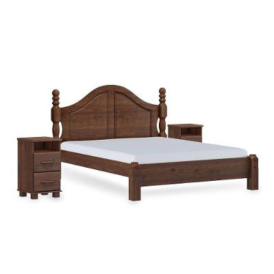 Conjunto Quarto Cama Casal Queen Clássica com 2 Mesas de Cabeceira Madeira Maciça Café Finestra
