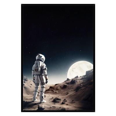 Quadro Decorativo Astronauta e Lua Retangular em MDF com Moldura Madeira Maciça Preta Arte na Arte