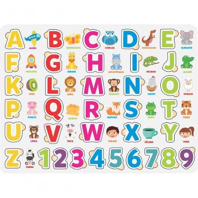 Quebra-cabeça Alfabeto Ilustrado com Números Grande com Letras e Números em MDF 30CM