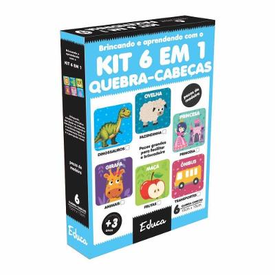 Kit Quebra-cabeça Animais 6 Unidades 4 Peças Cada em MDF com Caixa Armazenamento Mundo Animal