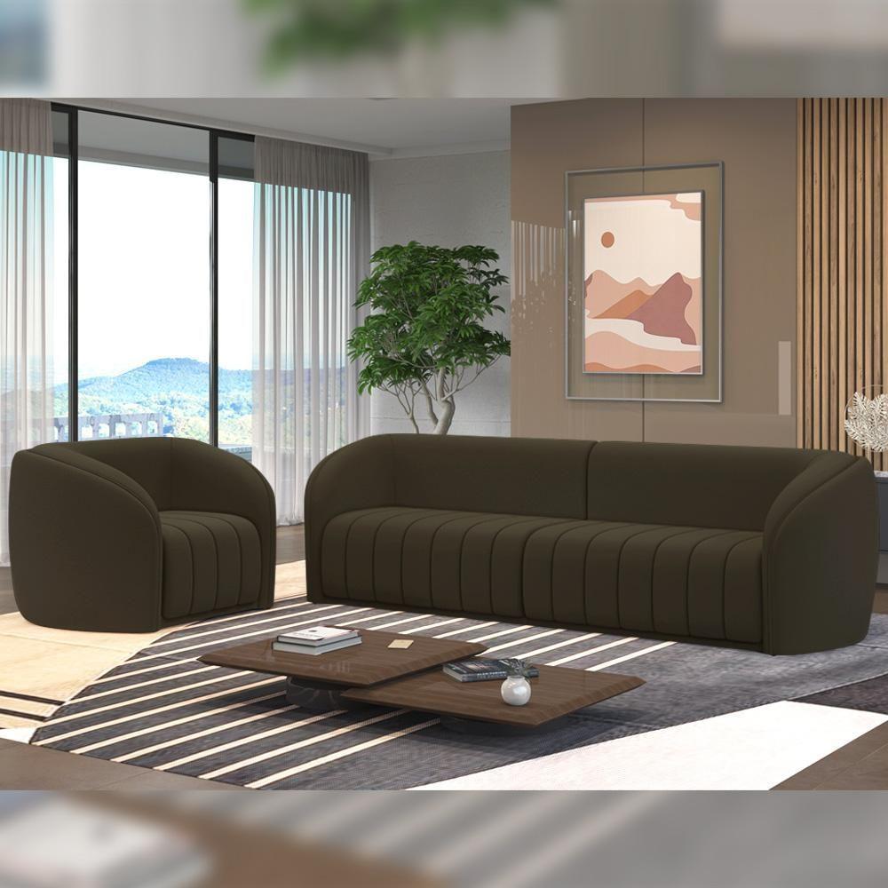 Kit Sofá 5 Lugares Para Sala Estar 332 Cm Com 01 Poltrona Lazio M03 Veludo Marrom - Lyam Decor - 10