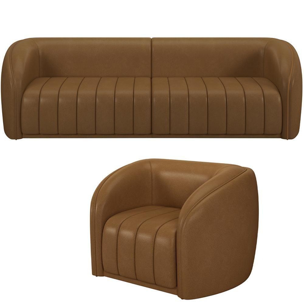 Kit Sofá 4 Lugares Para Sala Estar 252 Cm Com 01 Poltrona Lazio M03 Couríssimo Whisky - Lyam Decor - 1