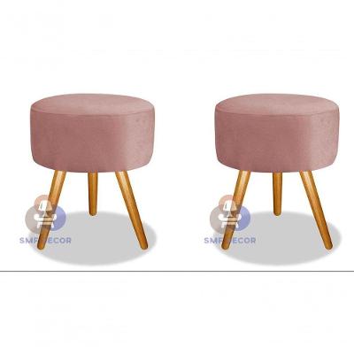 Kit 02 Puff Redondo Pés Palito Assento Espuma Revestimento Suede Nude 40CM SMF Decor