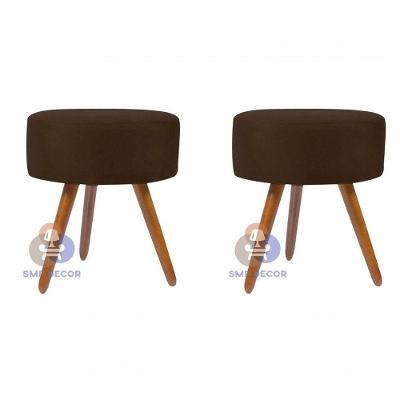Kit 02 Puff Redondo Pés Palito Assento Espuma Revestimento Suede Marrom SMF Decor 40CM