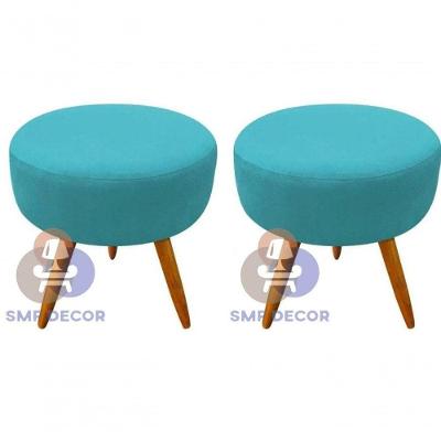 Kit 02 Puff Redondo Pés Palito Assento Espuma Revestimento Veludo Turquesa SMF Decor