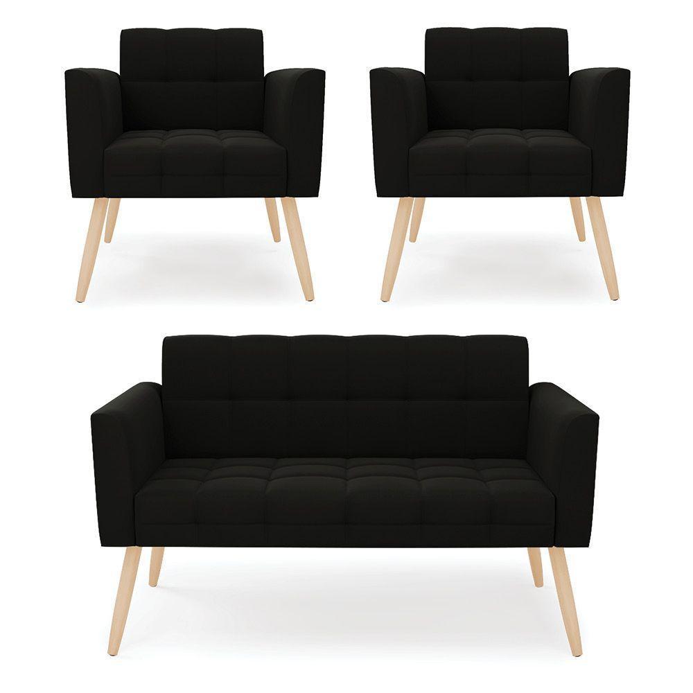 Kit 1 Sofá Namoradeira E 2 Poltronas Elisa Suede Pés Palito Natural - D'rossi Cor Preto - 1