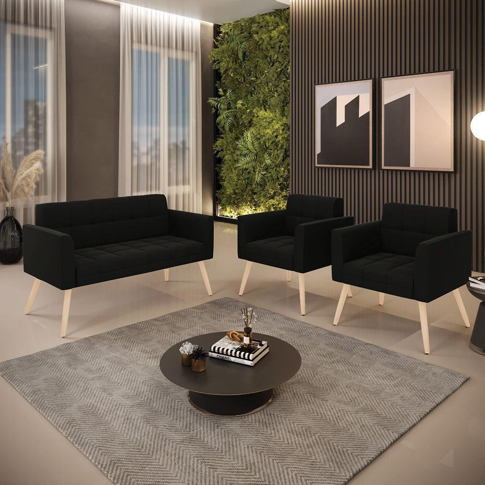Kit 1 Sofá Namoradeira E 2 Poltronas Elisa Suede Pés Palito Natural - D'rossi Cor Preto - 7