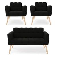 Kit 1 Sofá Namoradeira E 2 Poltronas Elisa Suede Pés Palito Natural - D'rossi Cor Preto - 1