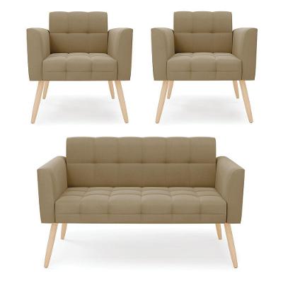 Kit 1 Sofá Namoradeira E 2 Poltronas Elisa Suede Pés Palito Natural - D'rossi Cor Marrom Rato