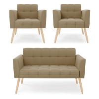 Kit 1 Sofá Namoradeira E 2 Poltronas Elisa Suede Pés Palito Natural - D'rossi Cor Marrom Rato - 1