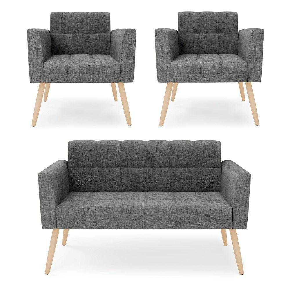 Kit 1 Sofá Namoradeira E 2 Poltronas Elisa Linho Grafite A26 Pés Palito Natural - D'rossi - 1