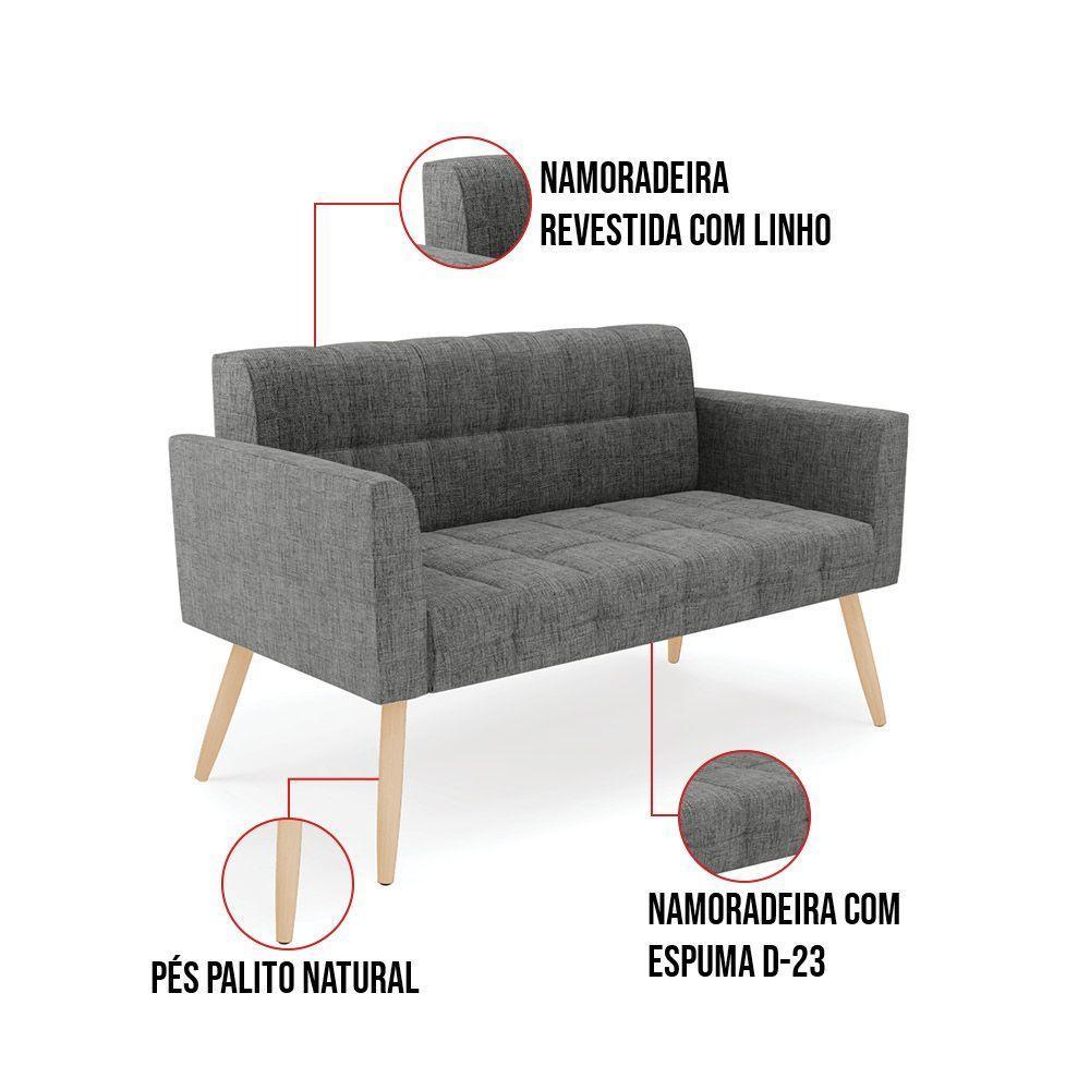 Kit 1 Sofá Namoradeira E 2 Poltronas Elisa Linho Grafite A26 Pés Palito Natural - D'rossi - 3