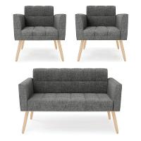 Kit 1 Sofá Namoradeira E 2 Poltronas Elisa Linho Grafite A26 Pés Palito Natural - D'rossi - 1