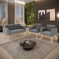 Kit 1 Sofá Namoradeira E 2 Poltronas Elisa Linho Grafite A26 Pés Palito Natural - D'rossi - 5