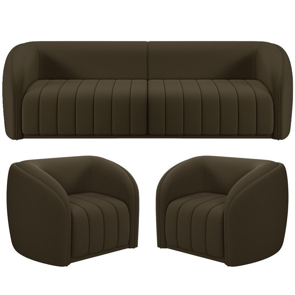 Kit Sofá 04 Lugares Para Sala 292 Cm Com 02 Poltronas Lazio M03 Veludo Marrom - Lyam Decor - 1