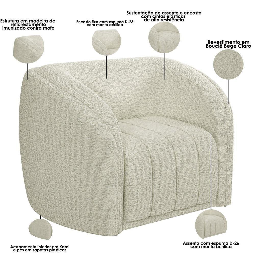 Kit Sofá 04 Lugares Para Sala 252 Cm Com 02 Poltronas Lazio M03 Bouclê Bege Claro - Lyam Decor - 9
