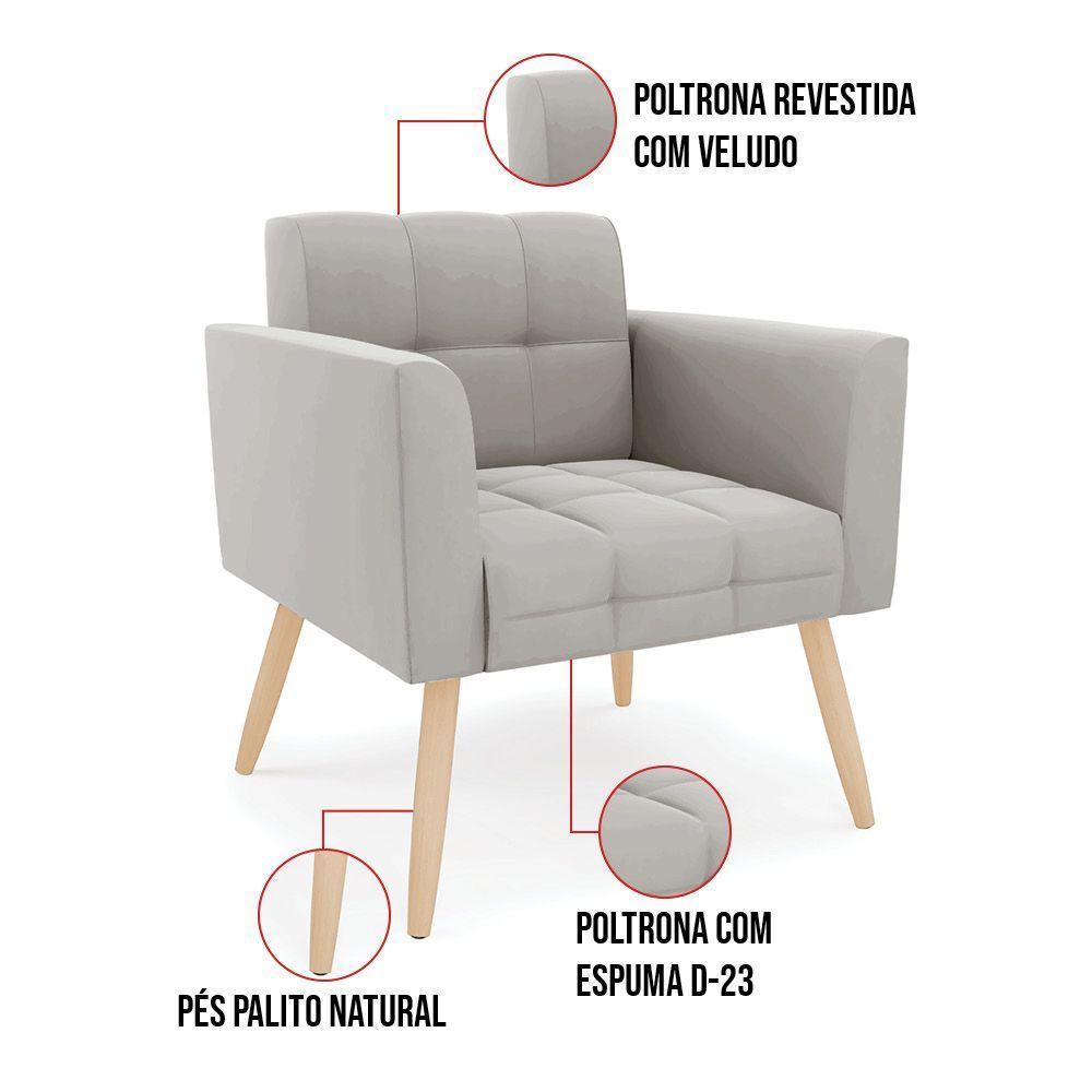 Kit 1 Sofá Namoradeira E 1 Poltrona Elisa Veludo Pés Palito Natural - D'rossi Cor Cinza - 8