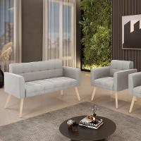 Kit 1 Sofá Namoradeira E 1 Poltrona Elisa Veludo Pés Palito Natural - D'rossi Cor Cinza - 3