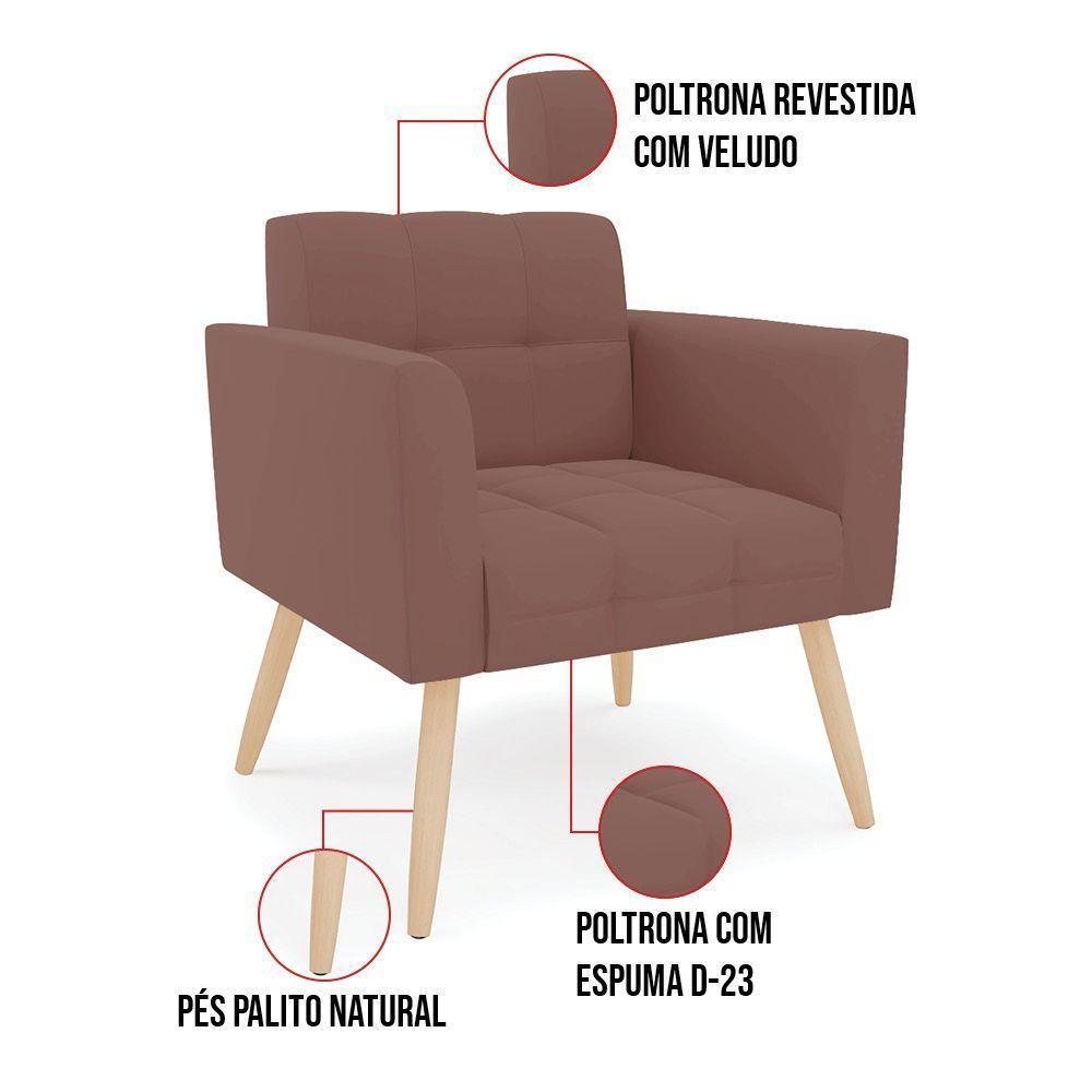 Kit 1 Sofá Namoradeira E 2 Poltronas Elisa Veludo Pés Palito Natural - D'rossi Cor Rose - 3