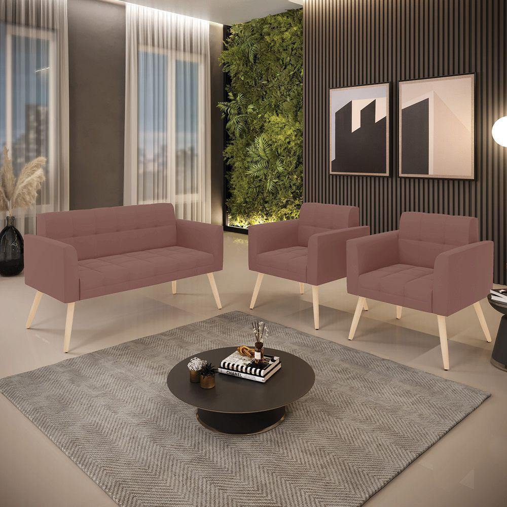 Kit 1 Sofá Namoradeira E 2 Poltronas Elisa Veludo Pés Palito Natural - D'rossi Cor Rose - 4