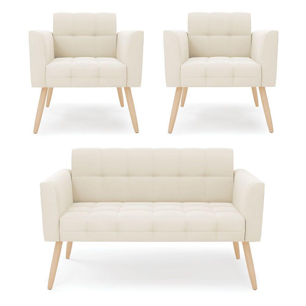 Kit 1 Sofá Namoradeira E 2 Poltronas Elisa Veludo Pés Palito Natural - D'rossi Cor Bege - 1