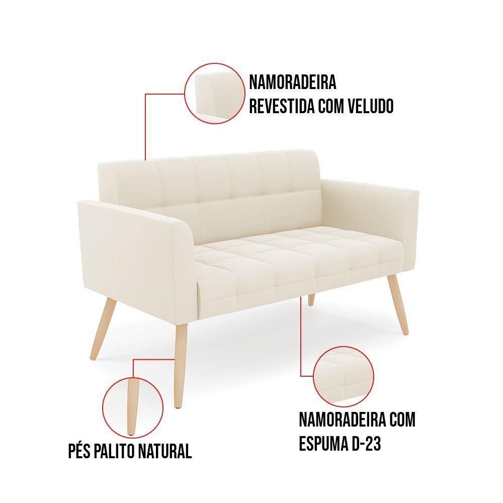 Kit 1 Sofá Namoradeira E 2 Poltronas Elisa Veludo Pés Palito Natural - D'rossi Cor Bege - 7