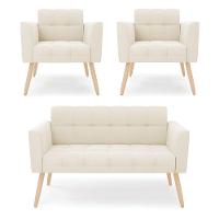 Kit 1 Sofá Namoradeira E 2 Poltronas Elisa Veludo Pés Palito Natural - D'rossi Cor Bege - 1