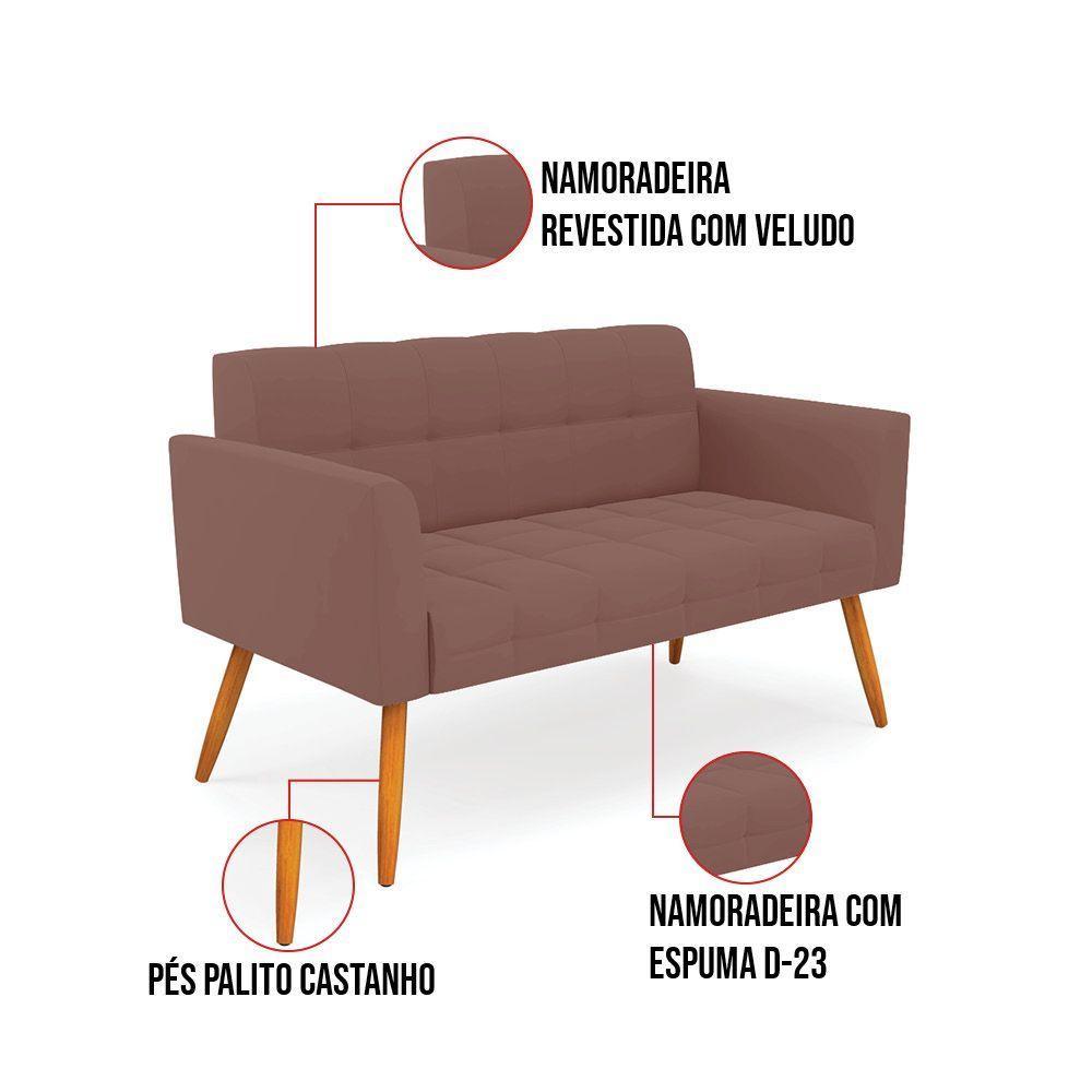 Kit 1 Sofá Namoradeira E 2 Poltronas Elisa Veludo Rosê Pés Palito Castanho - D'rossi - 8