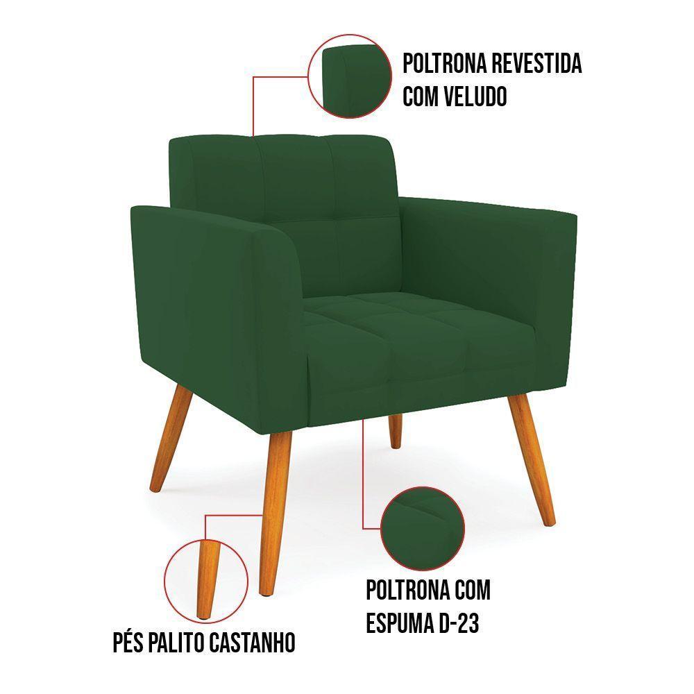 Kit 1 Sofá Namoradeira E 2 Poltronas Elisa Veludo Pés Palito Castanho - D'rossi Cor Verde - 7