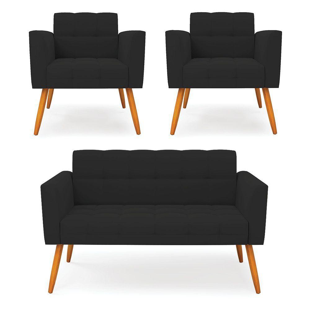 Kit 1 Sofá Namoradeira E 2 Poltronas Elisa Veludo Pés Palito Castanho - D'rossi Cor Preto - 1