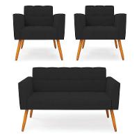 Kit 1 Sofá Namoradeira E 2 Poltronas Elisa Veludo Pés Palito Castanho - D'rossi Cor Preto - 1