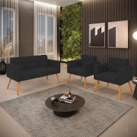 Kit 1 Sofá Namoradeira E 2 Poltronas Elisa Veludo Pés Palito Castanho - D'rossi Cor Preto - 11