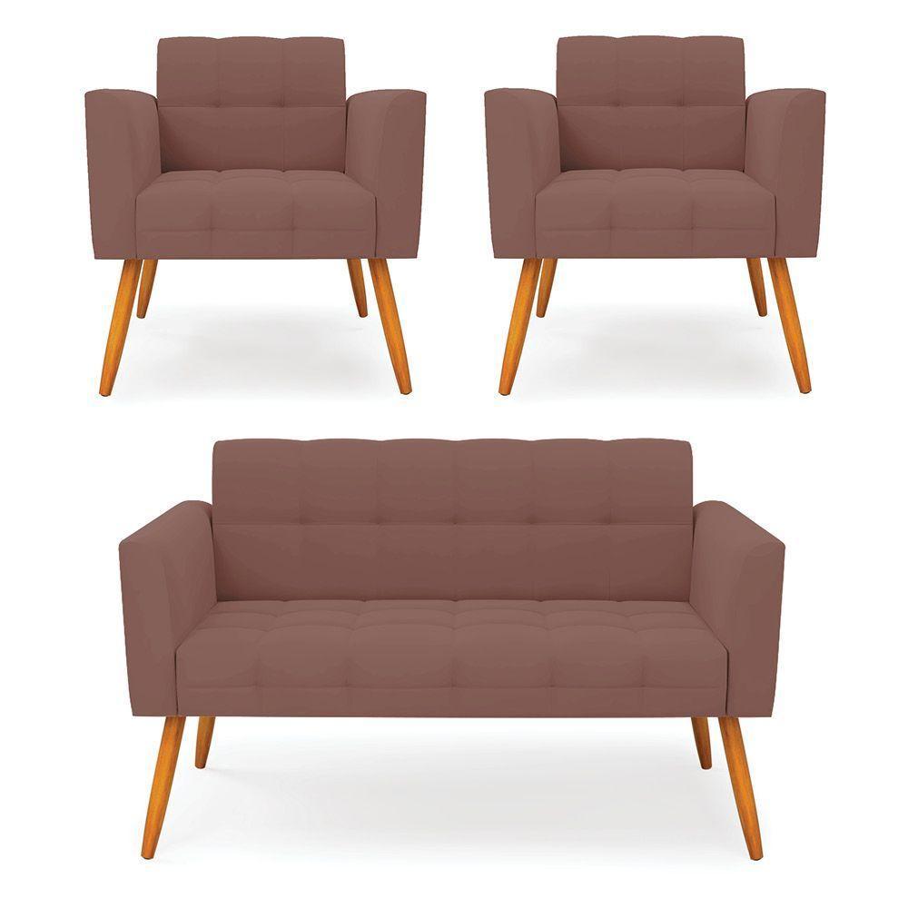 Kit 1 Sofá Namoradeira E 2 Poltronas Elisa Veludo Pés Palito Castanho - D'rossi Cor Rose - 1