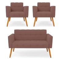 Kit 1 Sofá Namoradeira E 2 Poltronas Elisa Veludo Pés Palito Castanho - D'rossi Cor Rose - 1