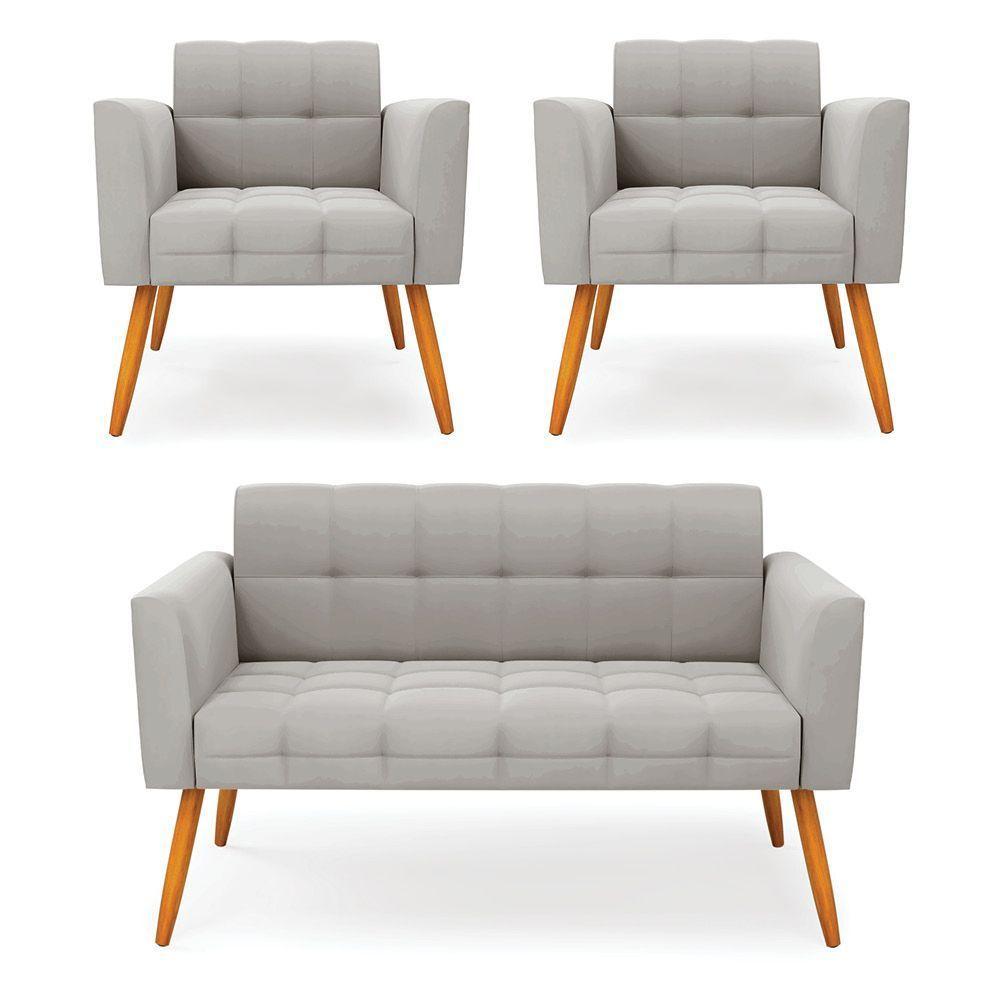 Kit 1 Sofá Namoradeira E 2 Poltronas Elisa Veludo Pés Palito Castanho - D'rossi Cor Cinza - 1