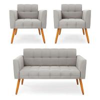 Kit 1 Sofá Namoradeira E 2 Poltronas Elisa Veludo Pés Palito Castanho - D'rossi Cor Cinza - 1