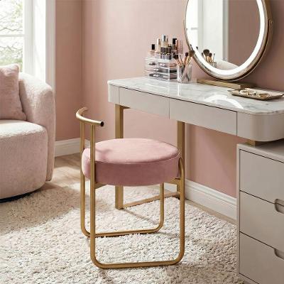 Puff Redondo Estofado Base Reforçada Aramado em Aço Metal Dourado e Rosê Mobília Decor
