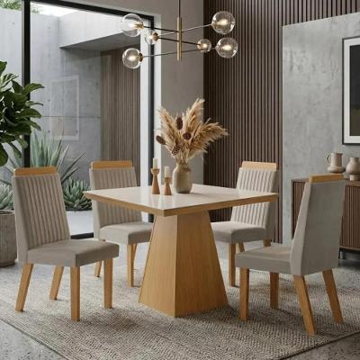 Conjunto de Jantar Prada 4 Lugares Tampo em Vidro Suede Creme 90CM Capuccino Móveis