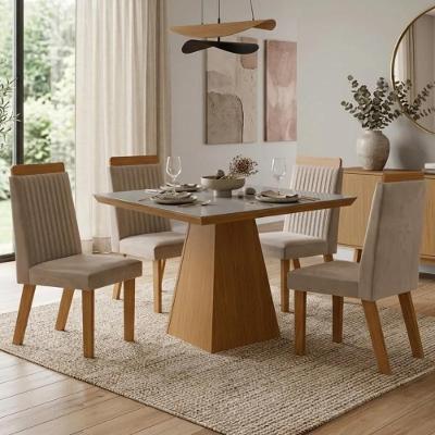 Conjunto de Mesa de Jantar Prada 4 Lugares Tampo em Vidro Suede Creme 90CM