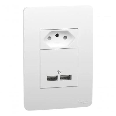 Conjunto Tomada 2P+T com 2 Usbs 2.1A + Placa Horizontal Orion 10A Branco Schneider Electric