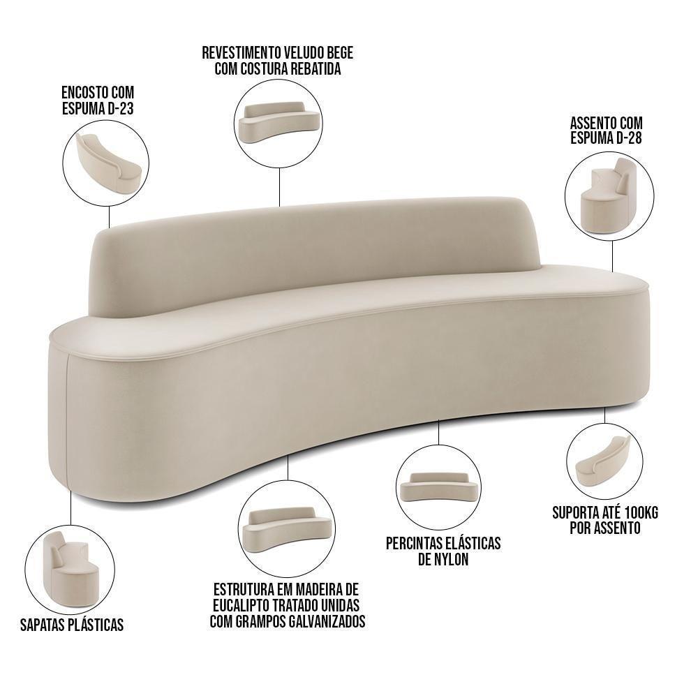 Sofá 4 Lugares Curvo Sala De Estar Living Cancún D02 Veludo Bege 230 Cm C-309 - 3