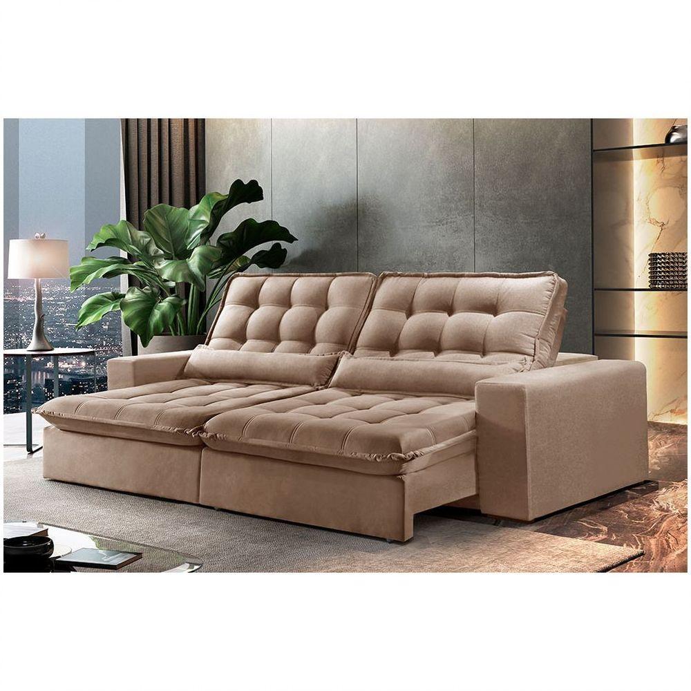 Sofá 4 Lugares Retrátil Orion 2.50m Veludo Bege Móveis Mix Bege - 1