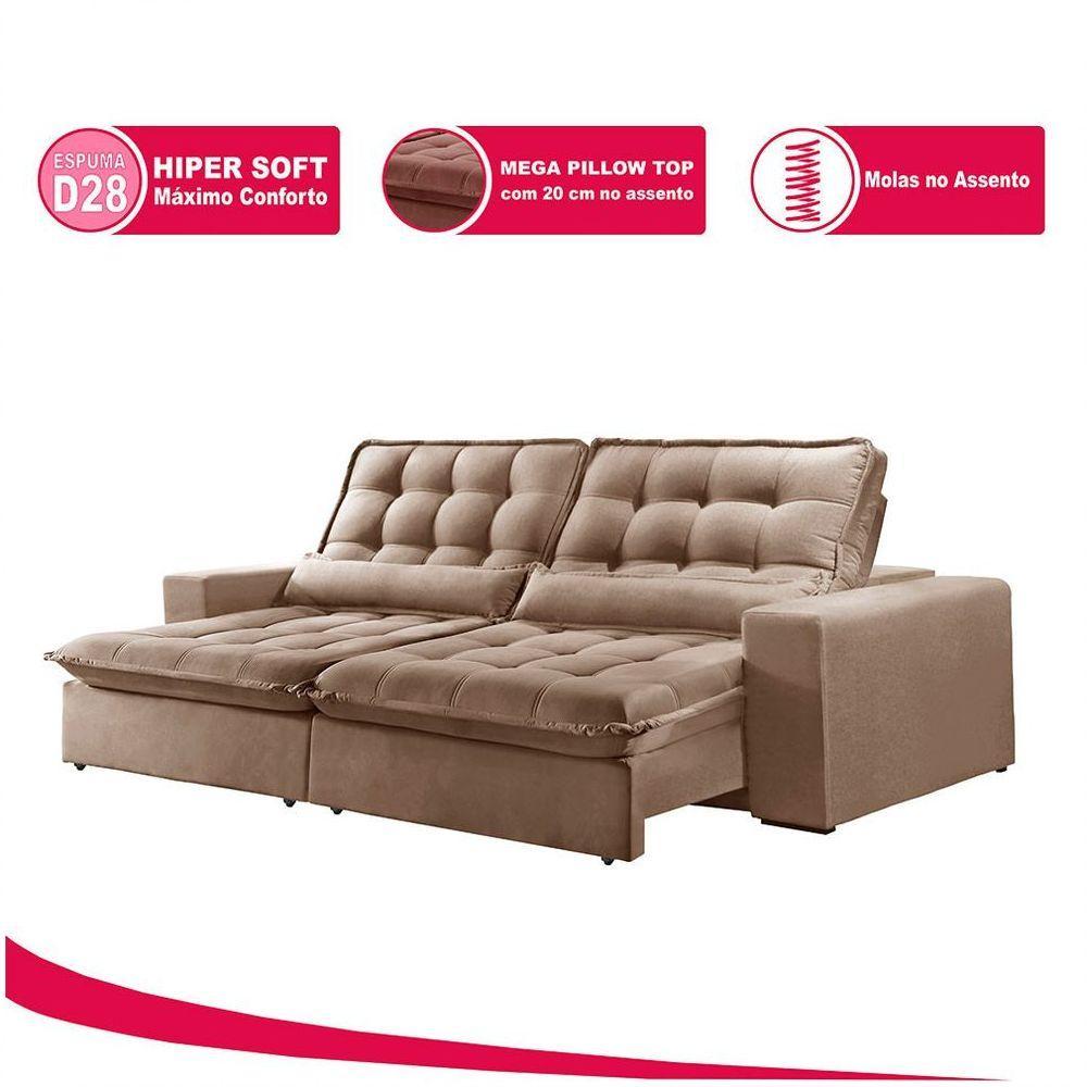 Sofá 4 Lugares Retrátil Orion 2.50m Veludo Bege Móveis Mix Bege - 3