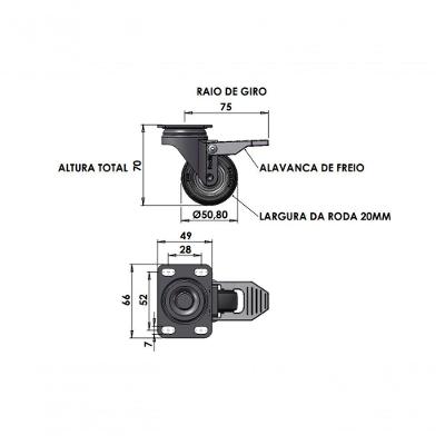 Rodízio Base Giratório SGPLF 210BP com Freio Base Giratória PVC Cinza Rodiline