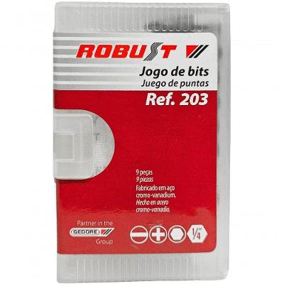 Jogo de Bits 203 com 9 Peças PH1 e PH2 4, 5 e 6mm Porta Bits Magnético Robust